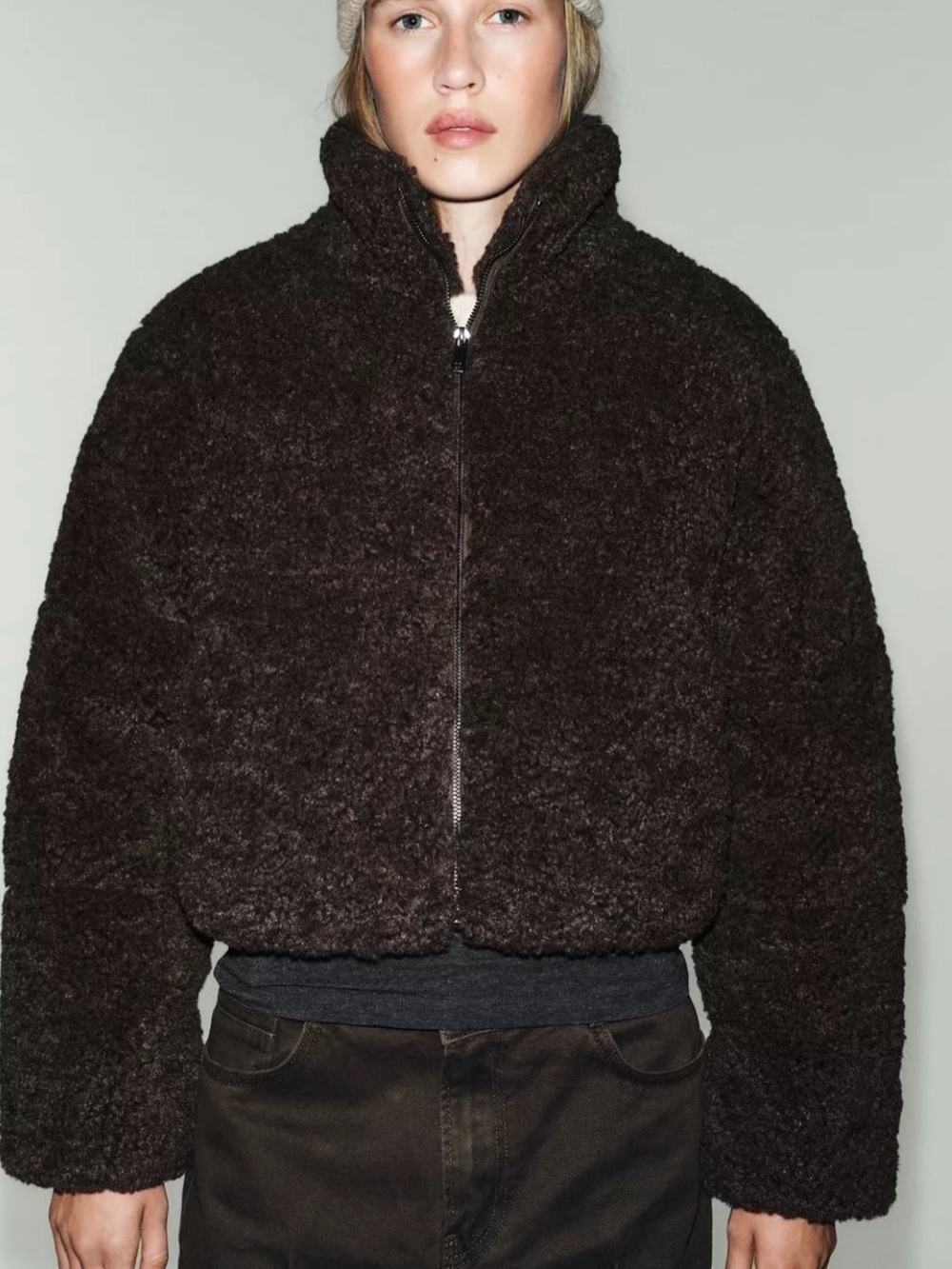 Zara Brown Teddy Sherpa Cropped Zip Jacket Size Small NWT 6318/227